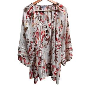 Catherine's 1X 18 20W Women's Floral Print V Neck Tunic Top Boho Sheer Polyester
